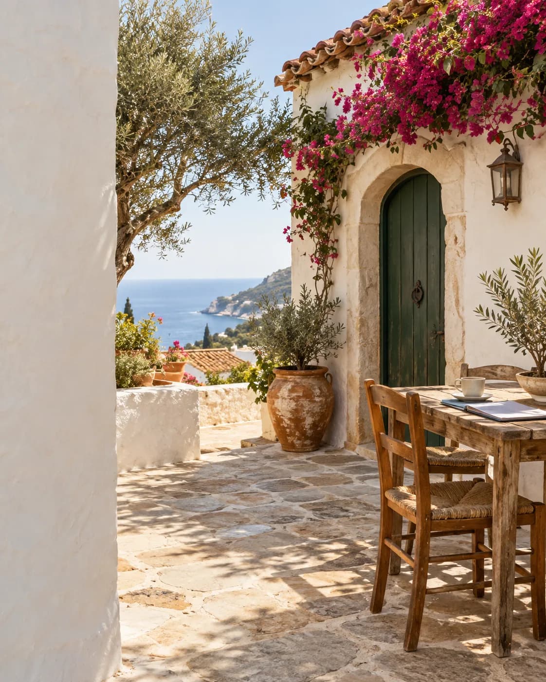 Illustration: a white Spanish house with a terrace table, olive tree and the sea